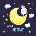 Sky background with cartoon lamb on the moon. Vector illustration with cute dreaming lamb and inscription Good night