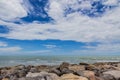Sky with beautiful beach with rocks and tropical sea Royalty Free Stock Photo