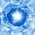 Sky with beautiful cloud and sunshine. Peaceful cloudy sky background. Round frame, natural mock up, template. Divine heaven Royalty Free Stock Photo