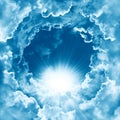 Sky with beautiful cloud and sunshine. Peaceful cloudy sky natural background. Sunny day. Divine shining heaven, light. Religion Royalty Free Stock Photo