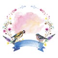 Sky bird sparrow in a wildlife wreath by watercolor style isolated.