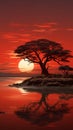 Sunset over the sea, a tree silhouetted against a vibrant red sunset over calm water, with a stunning reflection completing the Royalty Free Stock Photo