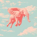 The sky is blue and features a flying pink elephant, creating a surreal and whimsical scene accompanied by fluffy clouds Royalty Free Stock Photo
