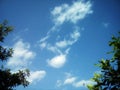 The sky is blue in the morning, and the formation of several clouds and trees below