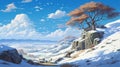 Sky Blue Snow Covered Mountain Top In Anime Art Style