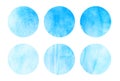 Sky blue watercolor circles set. Cerulean abstract round geometric shapes on white background. Aquarelle stains on paper texture Royalty Free Stock Photo