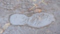 Sky and branches of trees displayed in the puddle in the shape of the foot of the shoe.