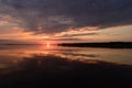 Sky in the brightly lit twilight of a sunset over picturesque lake water with reflection clouds and sunbeam on the horizon over