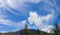 Sky with cirrus and cumulus clouds over mountain slope