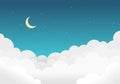 Sky and clouds background with bright stars and half moon.