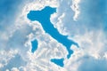 In the sky, clouds have dispersed in the form of a map of Italy. Concept of Divine Omen, Prophecy, Hope, Heavenly Sign for Country