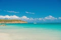 Sky with clouds over calm sea beach tropical resort. Boat touristic ship in turquoise ocean lagoon. Tourist attraction Royalty Free Stock Photo