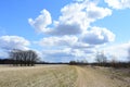 Sky, clouds. The road along the fields of grass. Forest and trees in the distance. Rural view of nature Royalty Free Stock Photo