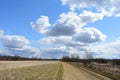 Sky, clouds. Road through a field of grass. The forest and the trees. Rural view of nature Royalty Free Stock Photo