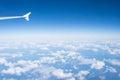 Sky and clouds seen from plane window. Atmosphere, stratosphere, air. Cloudscape, weather, nature. Wanderlust, adventure, discover