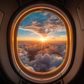 Sky with clouds and sunset seen through airplane window, created using generative ai technology