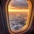 Sky with clouds and sunset seen through airplane window, created using generative ai technology