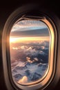 Sky with clouds and sunset seen through airplane window, created using generative ai technology