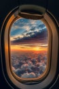 Sky with clouds and sunset seen through airplane window, created using generative ai technology