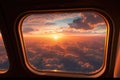 Sky with clouds and sunset seen through airplane window, created using generative ai technology