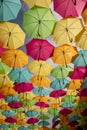 The sky of colored umbrellas. Street with umbrellas. Umbrella sky project in Agueda