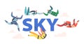 Sky Concept. Base Jumping and Parachuting Extreme Sport Activities, Recreation. Skydiver Characters Jump with Parachute