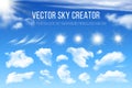 Sky creator. Realistic set of clouds and sun. Vector design elements. Royalty Free Stock Photo