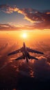 Sky dominance Military aircraft flying over clouds during breathtaking sunset