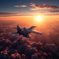 Sky dominance Military aircraft flying over clouds during breathtaking sunset