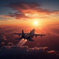 Sky dominance Military aircraft flying over clouds during breathtaking sunset