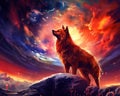 The sky explodes into a red and her wolf is on top of the mountn. Royalty Free Stock Photo