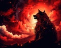 The sky explodes into a red and her wolf is on top of the mountn. Royalty Free Stock Photo