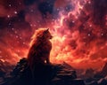 The sky explodes into a red and her wolf is on top of the mountn. Royalty Free Stock Photo