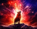 The sky explodes into a red and her wolf is on top of the mountn. Royalty Free Stock Photo