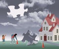 The sky is falling. A jigsaw puzzle piece of sky is seen crashed into the ground as a woman worries about her house in Royalty Free Stock Photo