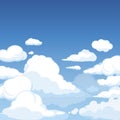 Sky with fluffy clouds. Clean blue panorama of cloudscape cloudy vector cartoon illustration