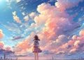 Sky full of colours Trendy colours anime style background with Clouds Sunset City and Girl Ai Illustration Royalty Free Stock Photo