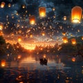 A sky full of glowing lanterns floating mystically Generative AI Royalty Free Stock Photo
