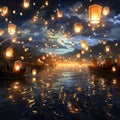 A sky full of glowing lanterns floating mystically Generative AI Royalty Free Stock Photo