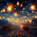 A sky full of glowing lanterns floating mystically Generative AI Royalty Free Stock Photo