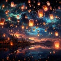 A sky full of glowing lanterns floating mystically Generative AI Royalty Free Stock Photo
