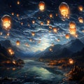 A sky full of glowing lanterns floating mystically Generative AI Royalty Free Stock Photo