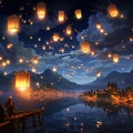 A sky full of glowing lanterns floating mystically Generative AI Royalty Free Stock Photo