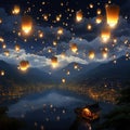 A sky full of glowing lanterns floating mystically Generative AI Royalty Free Stock Photo
