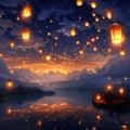 A sky full of glowing lanterns floating mystically Generative AI Royalty Free Stock Photo