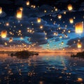 A sky full of glowing lanterns floating mystically Generative AI Royalty Free Stock Photo