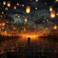 A sky full of glowing lanterns floating mystically Generative AI Royalty Free Stock Photo