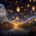 A sky full of glowing lanterns floating mystically Generative AI Royalty Free Stock Photo