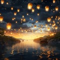 A sky full of glowing lanterns floating mystically Generative AI Royalty Free Stock Photo