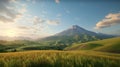 Sky-high Grassy Field With Mountains: An Adventure In Nature-inspired Minimalism